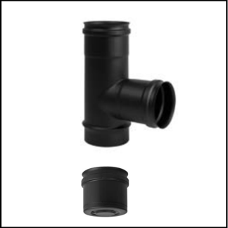 Enkelwandig RVS PK rond 100 mm T-stuk uitgang 100 mm met dop zwart